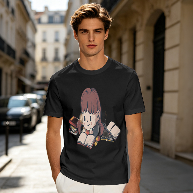 Olive T-shirt with Charming Girl Reading Books Graphic