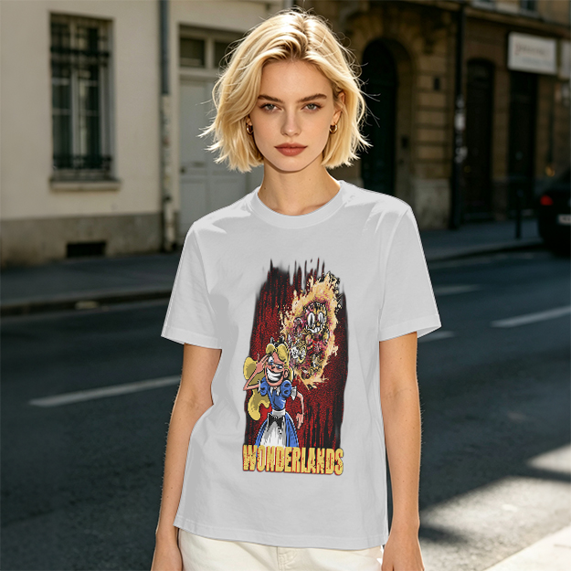 Olive Graphic Tee With Dark Wonderland Themed Cartoon Print
