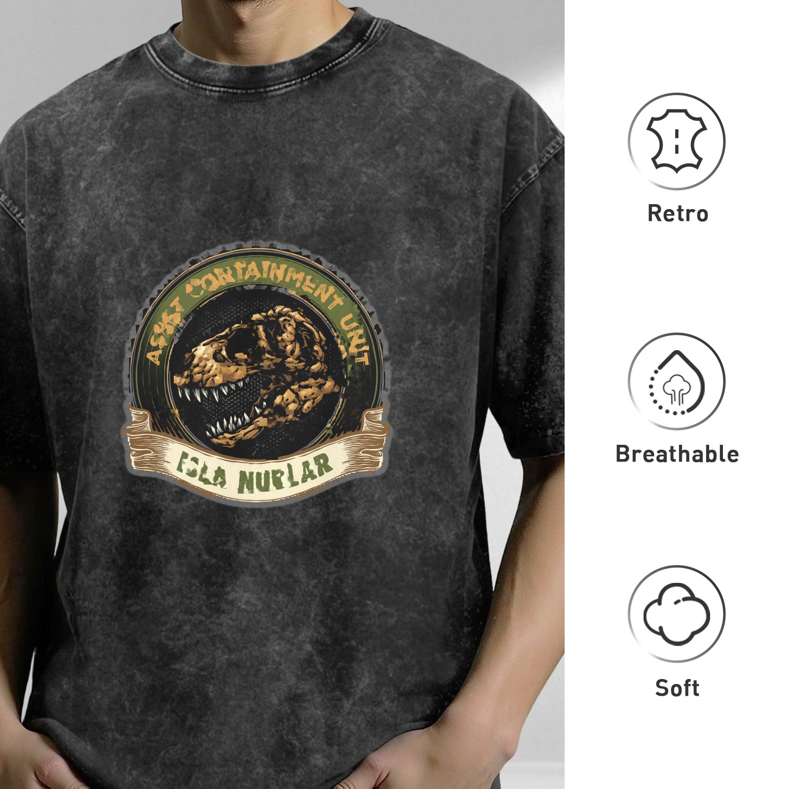 Washed Black T-Shirt with Dinosaur Containment Unit Isla Nublar Graphic