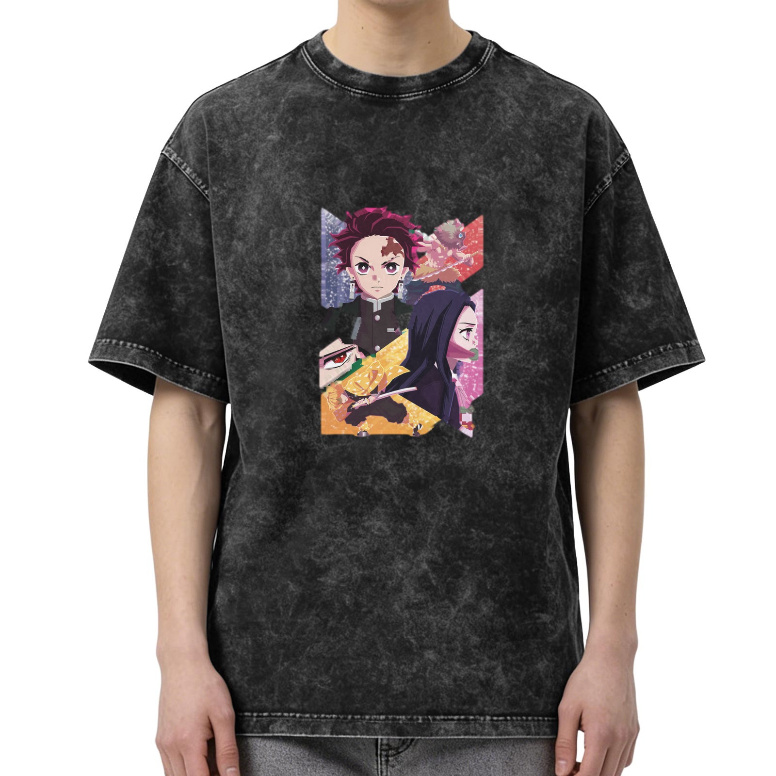 Anime Demon Slayer Tanjiro Nezuko Zenitsu Graphic Oversized Acid Wash T-Shirt for Men