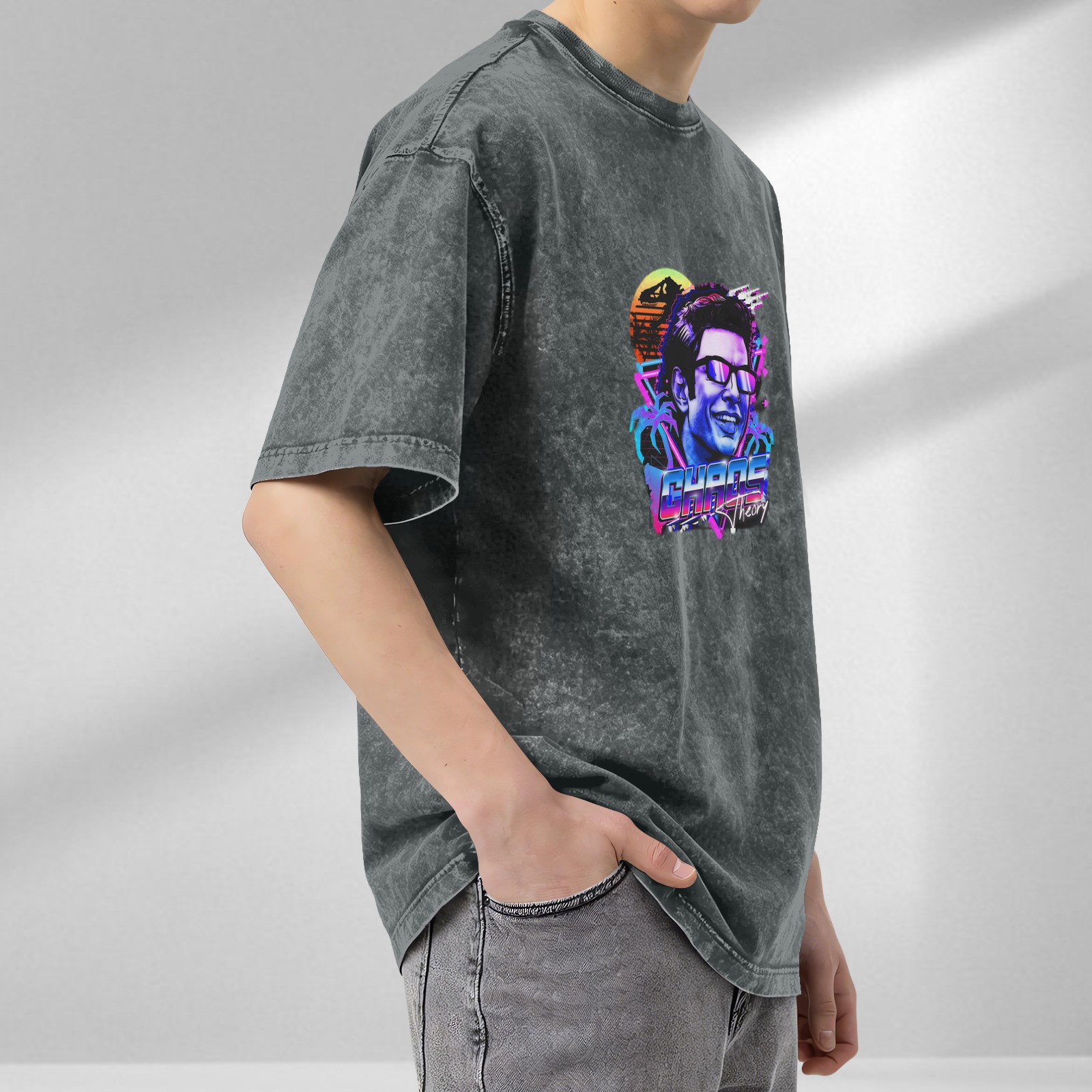 Retro vaporwave Chaos Theory print washed black loose short-sleeved T-shirt
