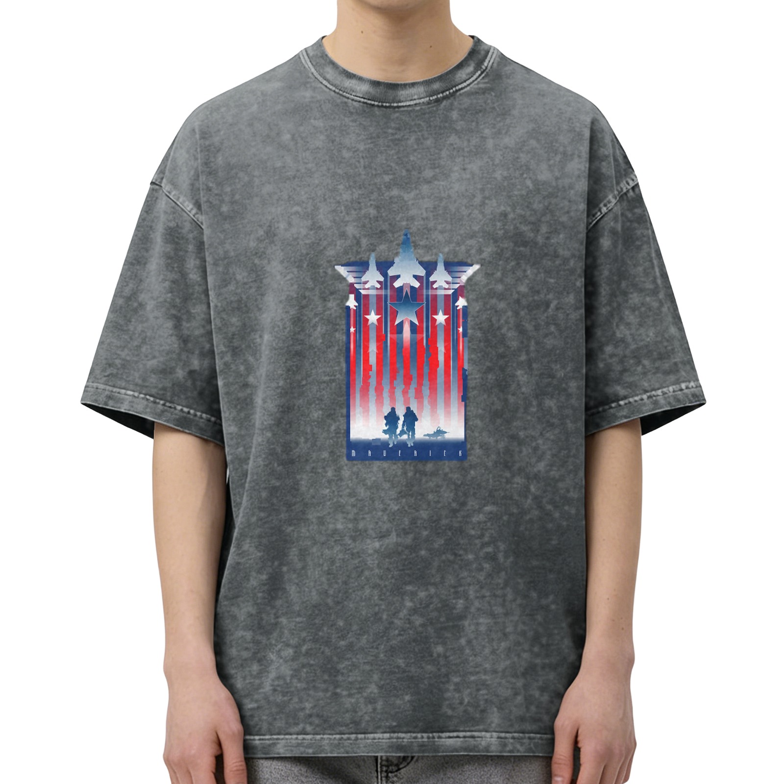 Oversized Black Acid Wash T-Shirt With Patriotic Military Jet And Soldier Graphic