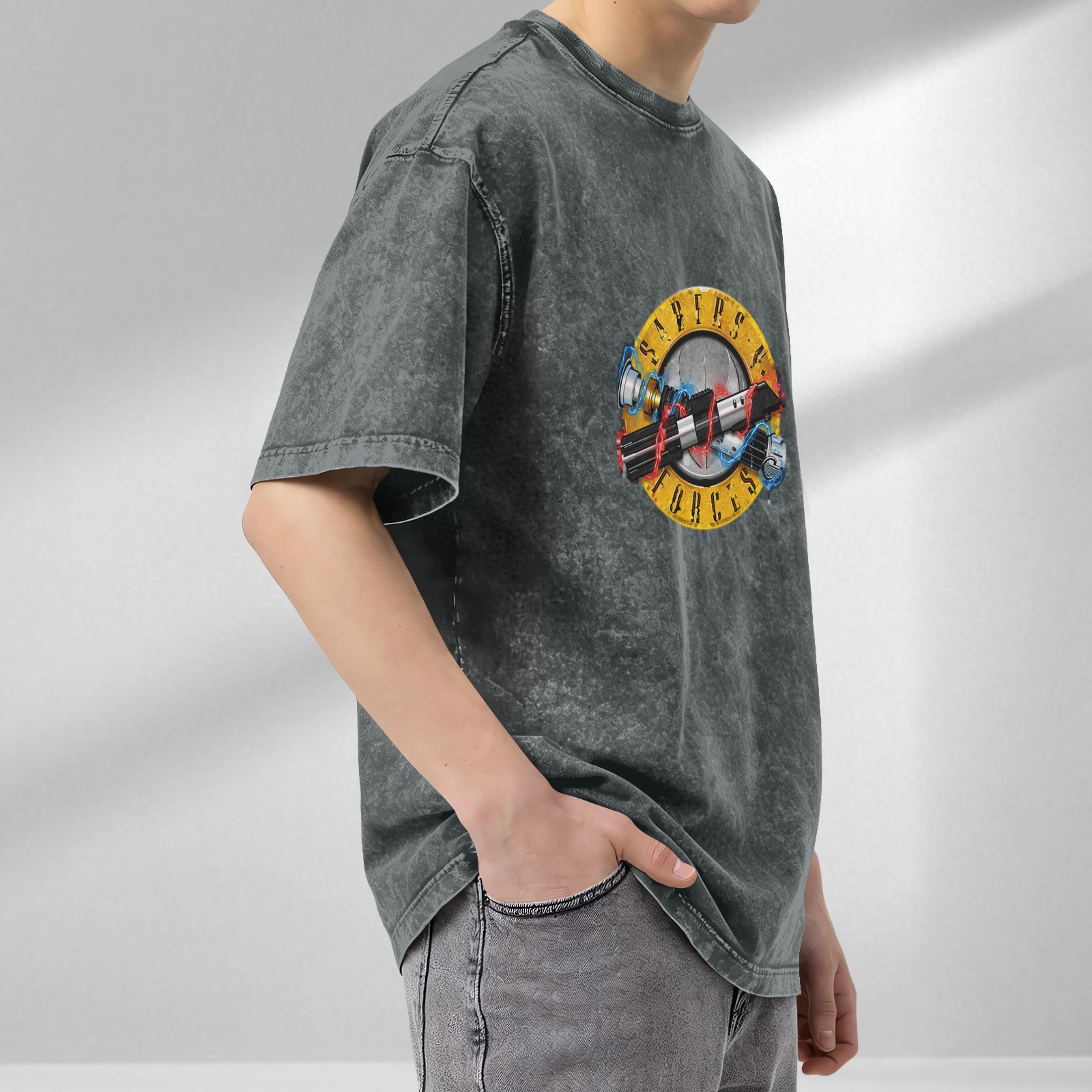 Oversized Acid-Wash T-Shirt with 'Saber's Forces' Lightsaber Graphic Print