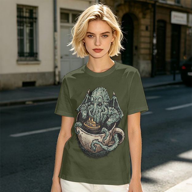 Cthulhu in a teacup with tiny ship graphic t-shirt