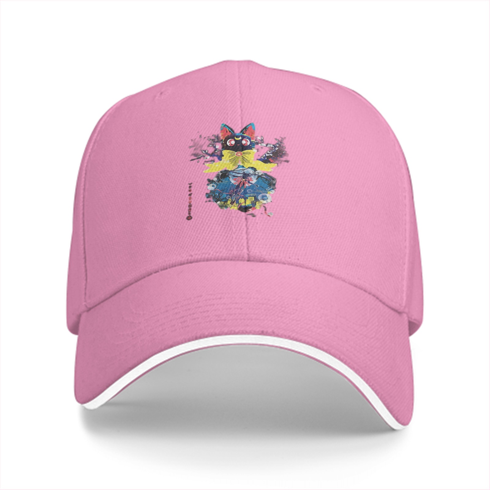 Black Baseball Cap With Anime Black Cat Graphic Print