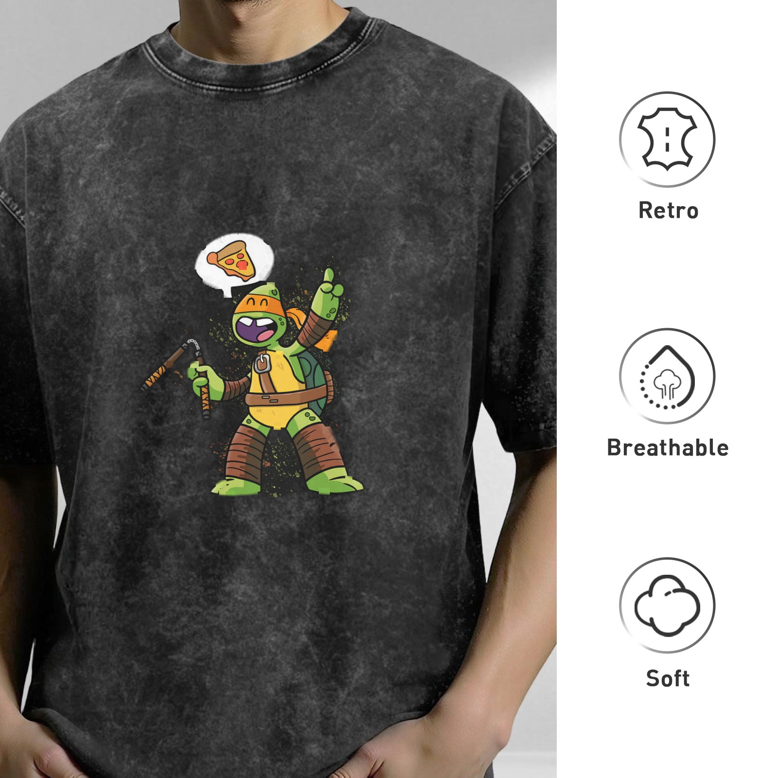 Washed Black T-Shirt With Michelangelo Ninja Turtle Pizza Print