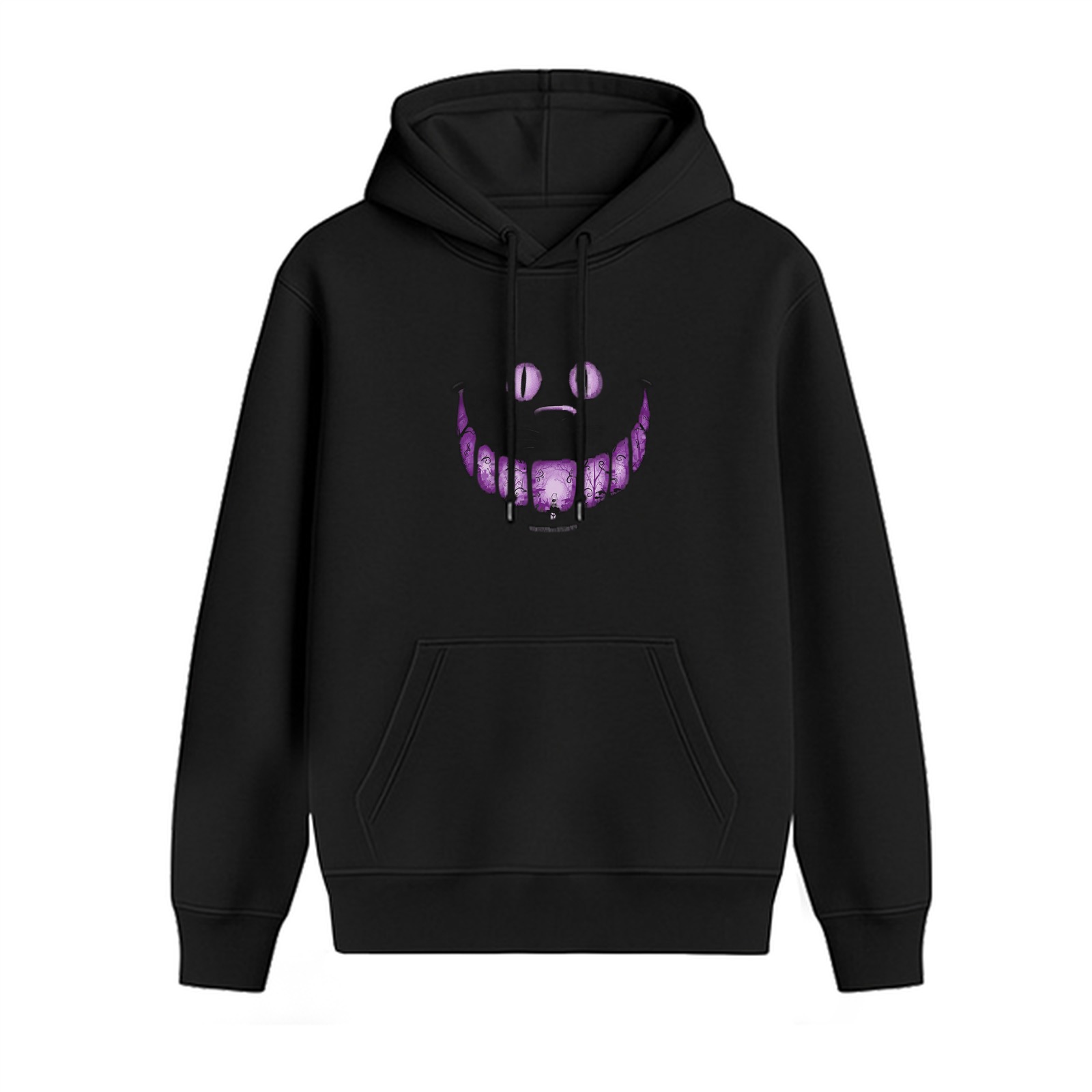 Black hoodie with Cheshire Cat purple grin graphic