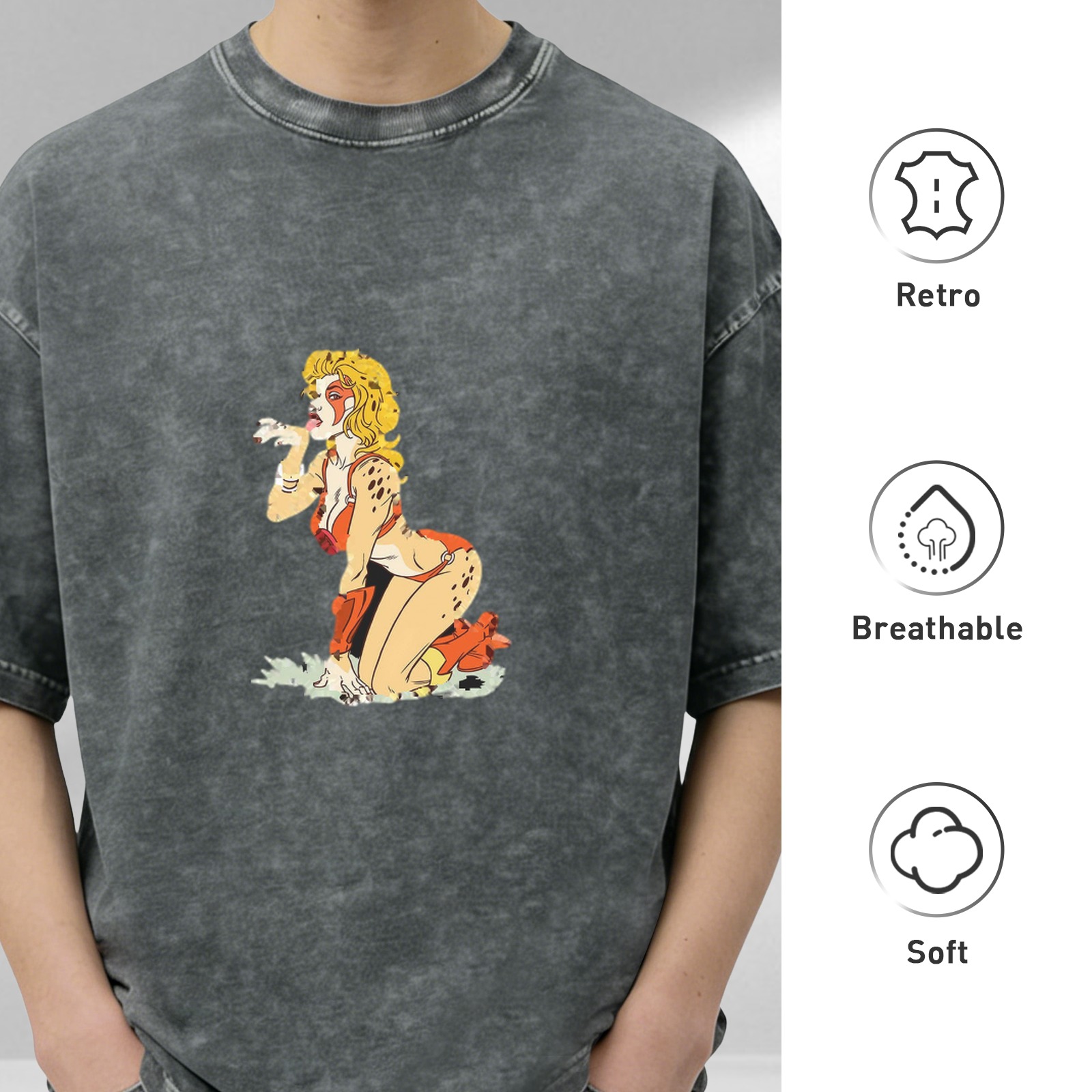 oversized acid wash t-shirt with retro cheetah girl graphic print