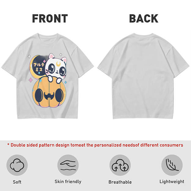 Cute white cat on jack-o'-lantern Halloween graphic tee