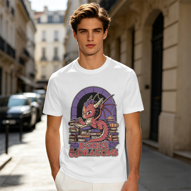 Olive t-shirt with cute red dragon reading books graphic