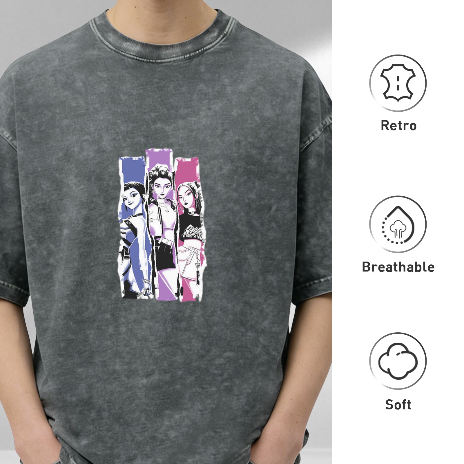 Oversized Acid Wash T-Shirt With Three Anime Girl Graphic Print