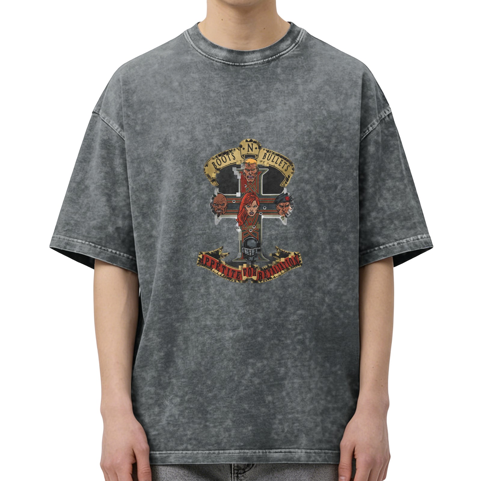 Washed black graphic t-shirt with cross and character print