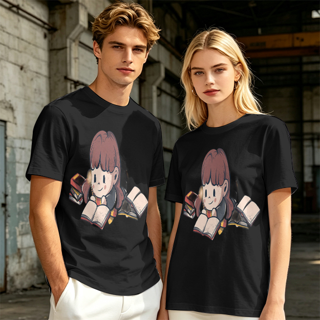Olive T-shirt with Charming Girl Reading Books Graphic