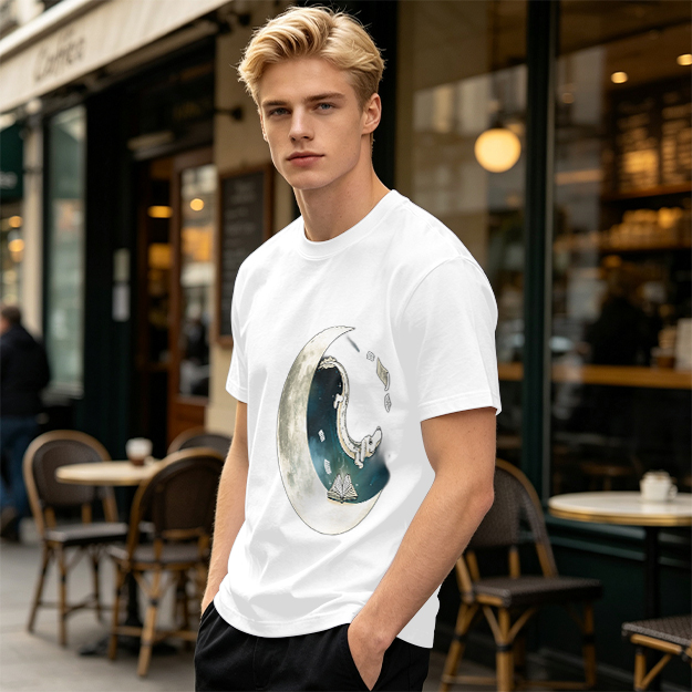 Olive T-shirt with Crescent Moon Galaxy Astronaut Graphic