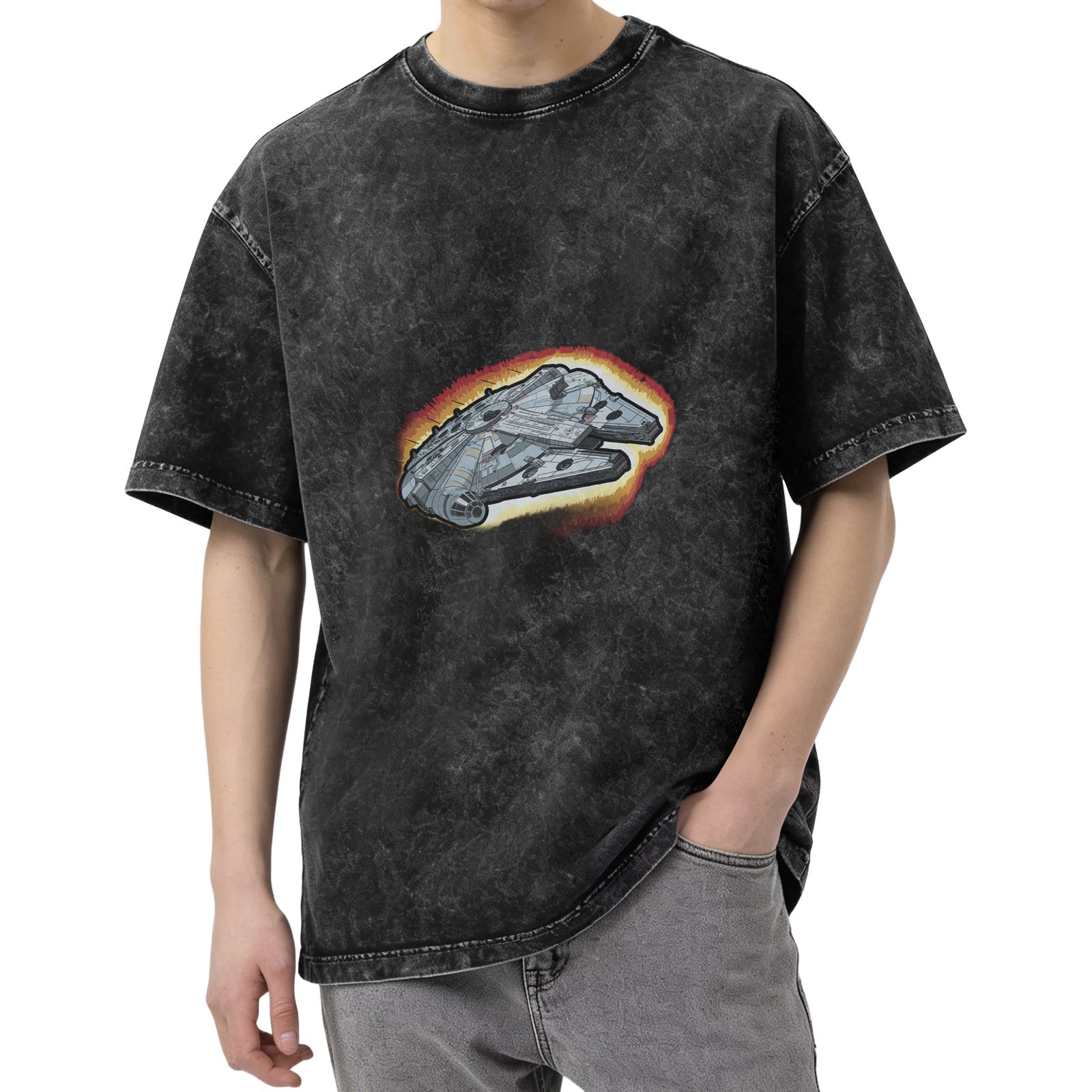 Oversized Acid Wash T-Shirt with Millennium Falcon Graphic
