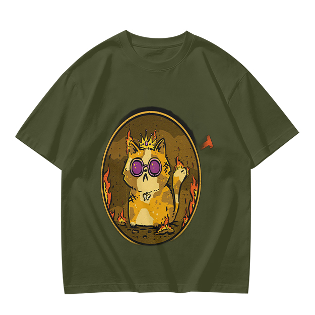 Olive T-Shirt With Flaming Royal Cat Wearing Sunglasses Print