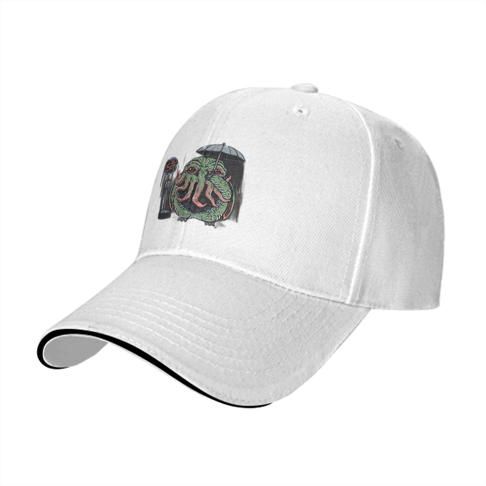 Black Baseball Cap With Cthulhu Holding Umbrella Microphone Print