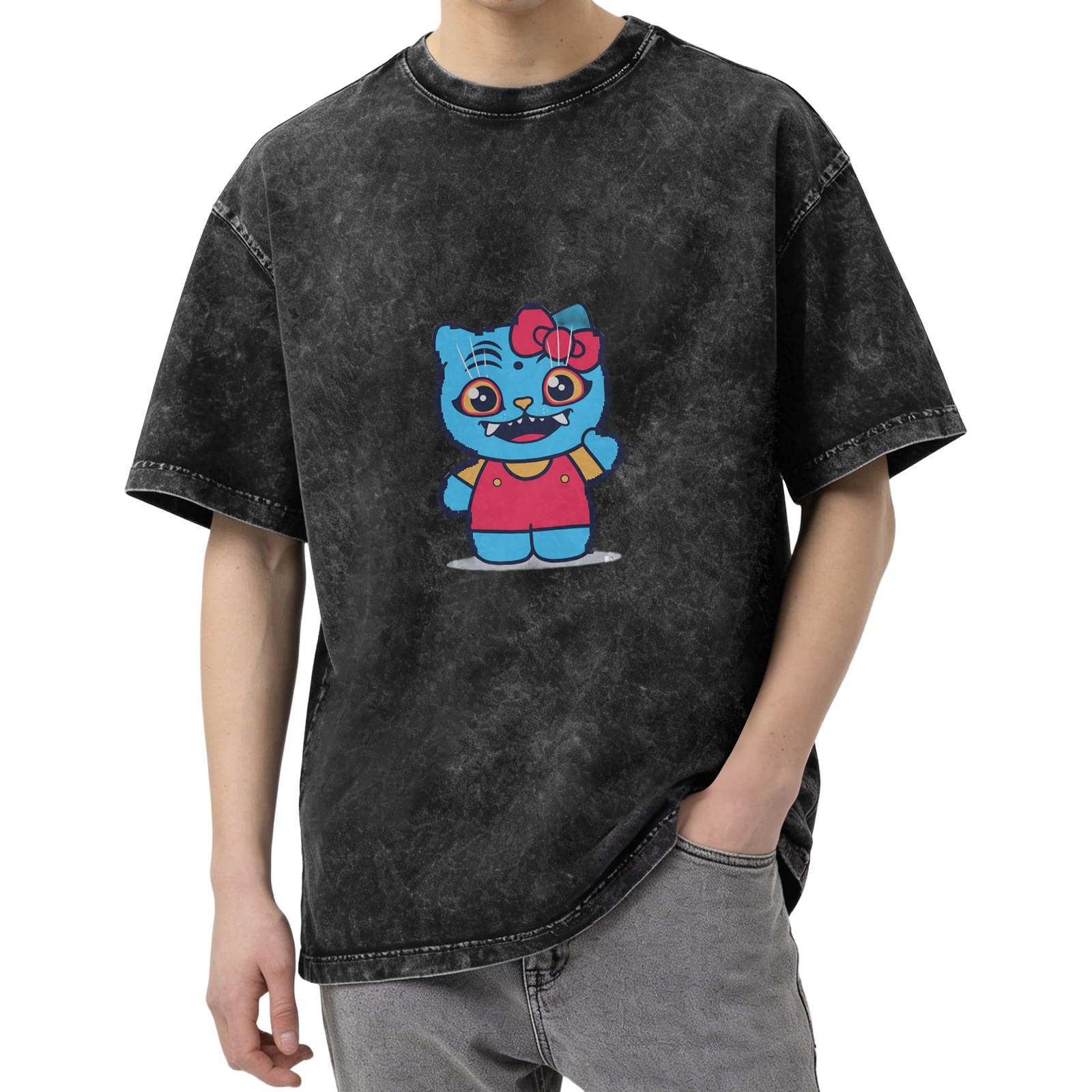 Oversized Acid Wash T-Shirt With Cute Blue Cat Graphic Print