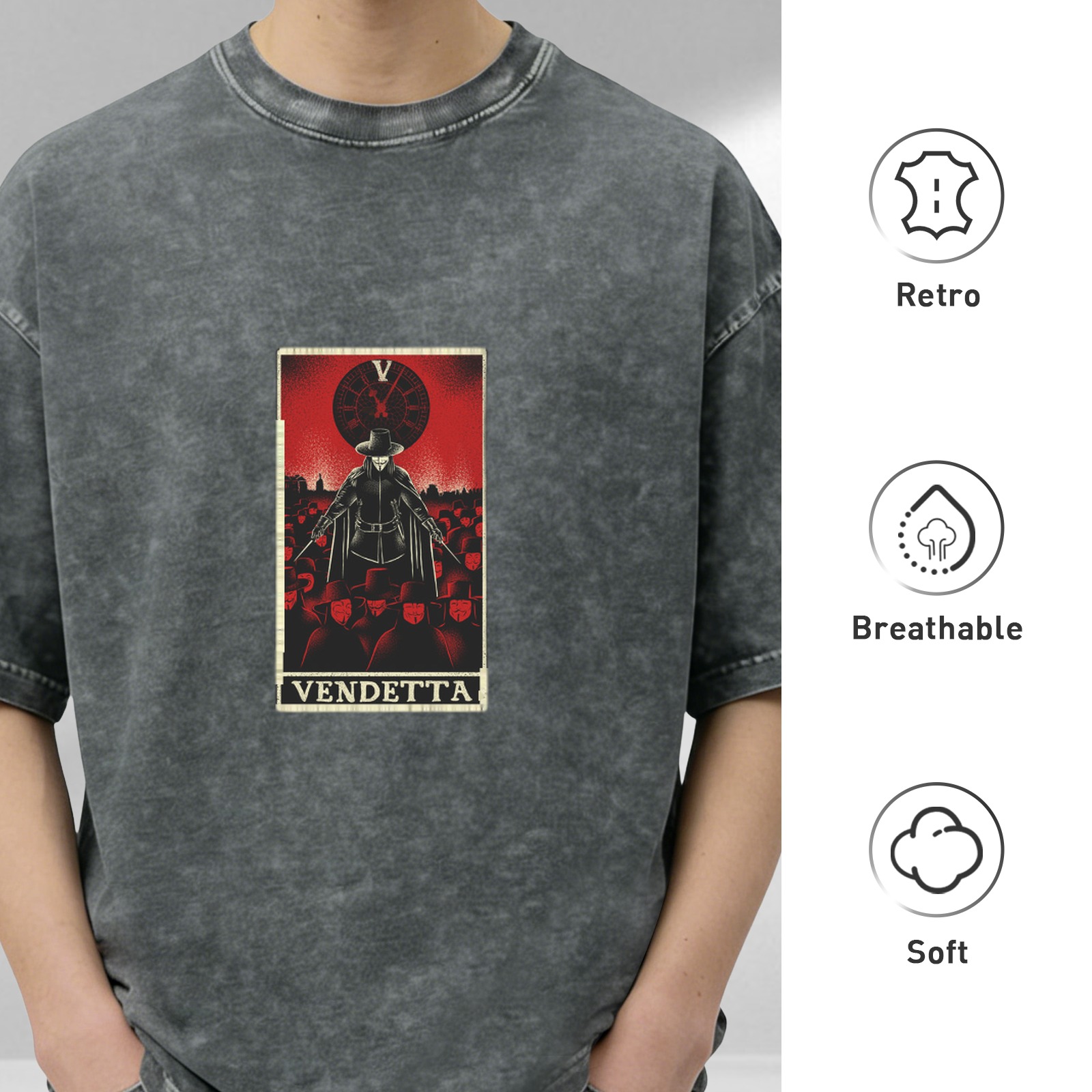 V for Vendetta Tarot Graphic Stone Wash Black T-Shirt