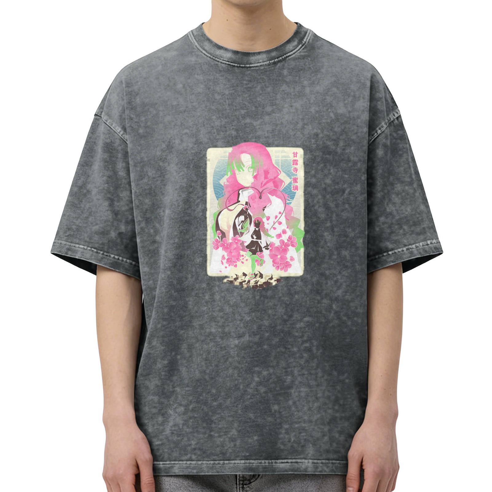 Oversized Black Acid Wash T-Shirt with Anime Character Graphic