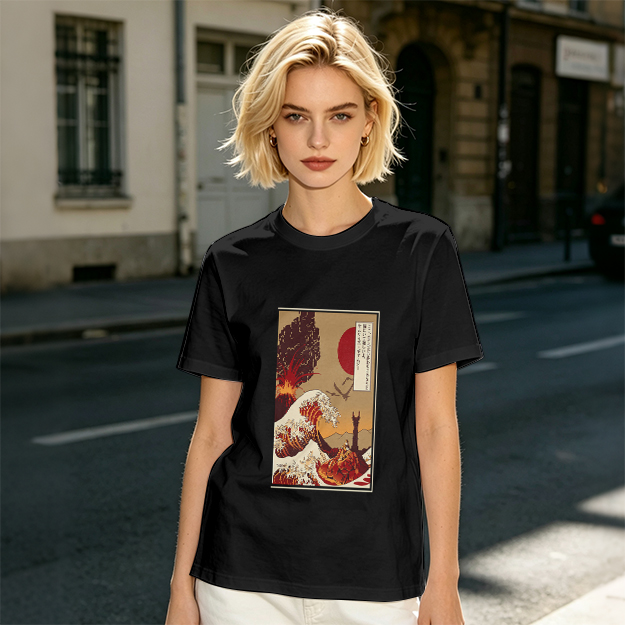 Olive T-Shirt with Ukiyo-e Style Wave and Volcano Print