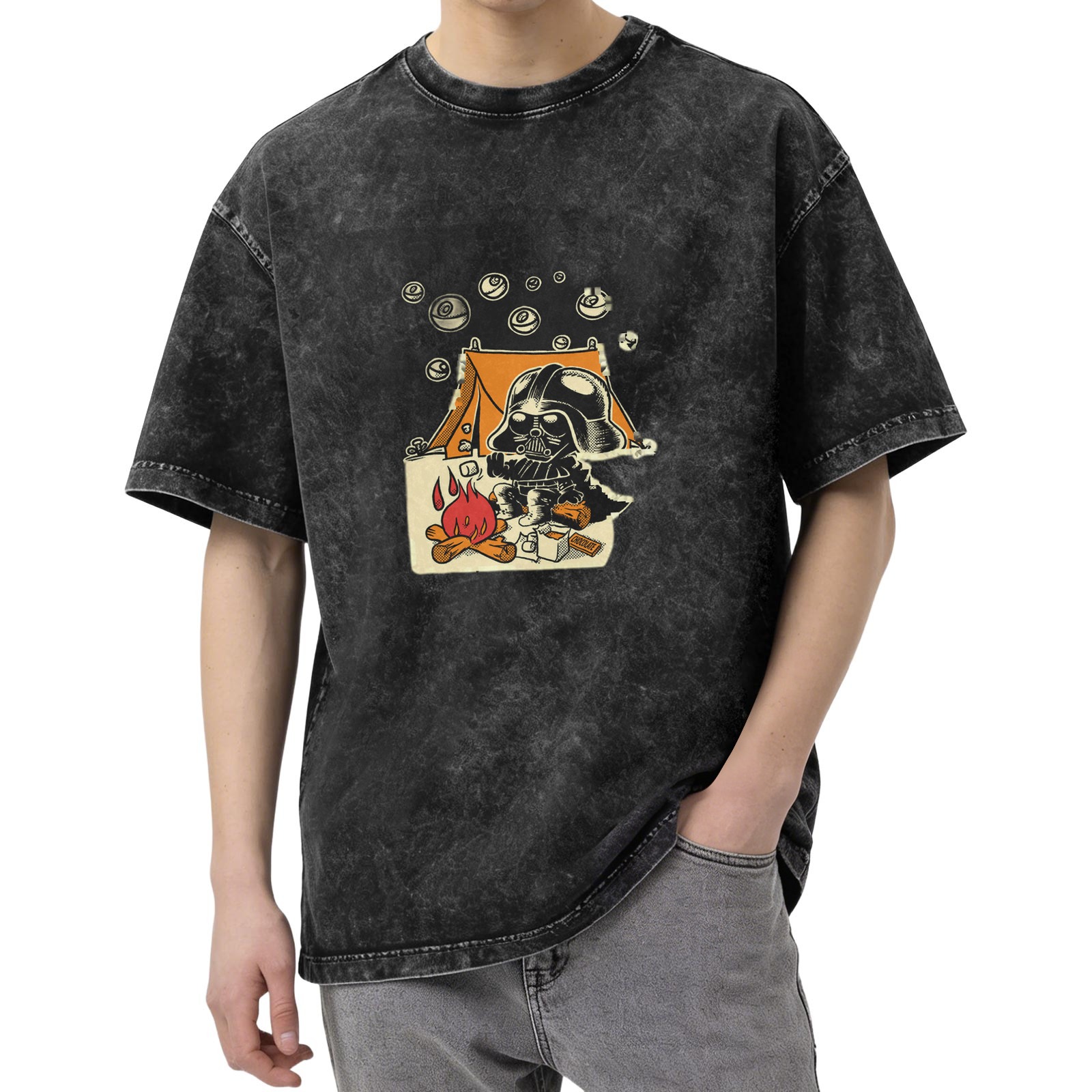 Oversized dark wash t-shirt with cartoon Darth Vader camping graphic