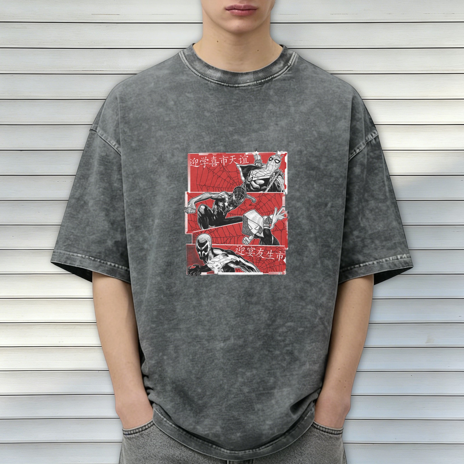 Oversized Spider-Verse Graphic T-Shirt with Red Panels