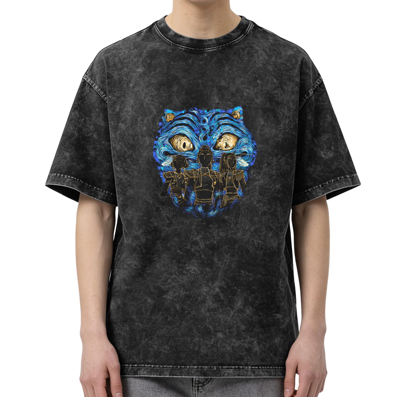 Oversized Dark Wash T-Shirt With Blue Tiger Artwork Print