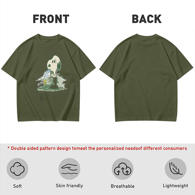 Olive T-shirt with Snoopy and Woodstock Watering Print