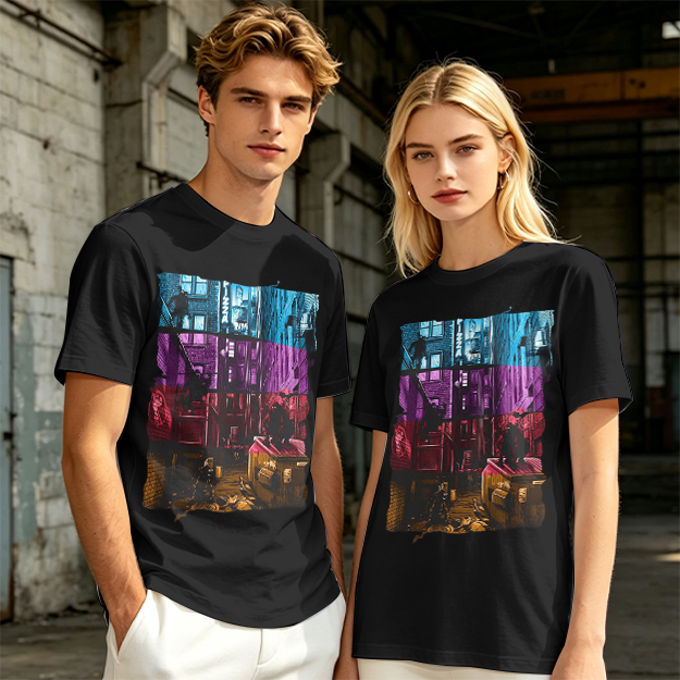 Olive T-Shirt With Vibrant Neon City Alley Graphic Print
