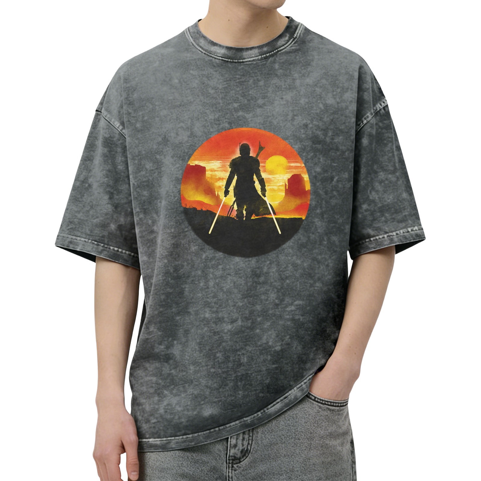 Washed Black T-Shirt with Mandalorian Sunset Silhouette Print
