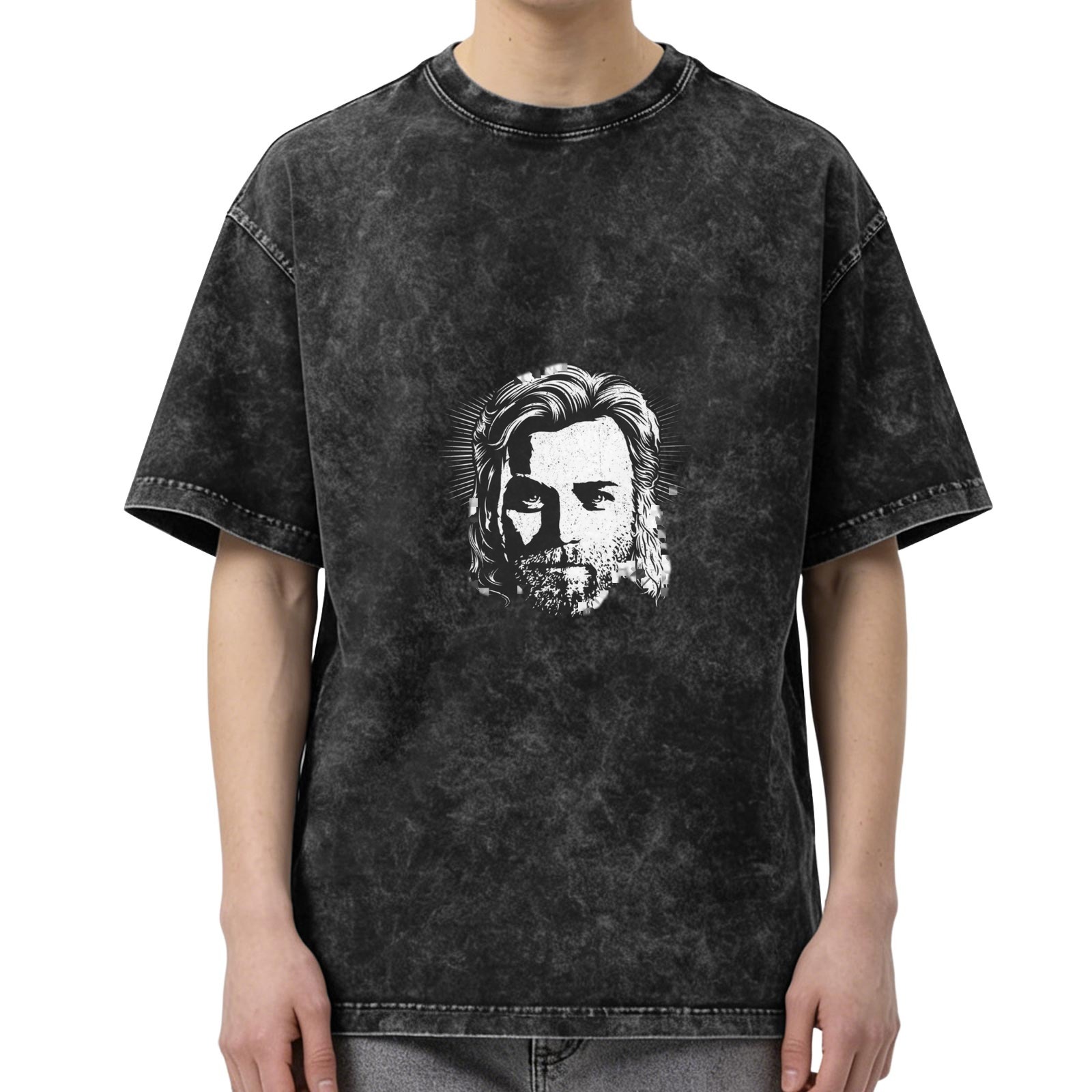 Distressed washed black loose short-sleeved T-shirt with portrait printed on the front