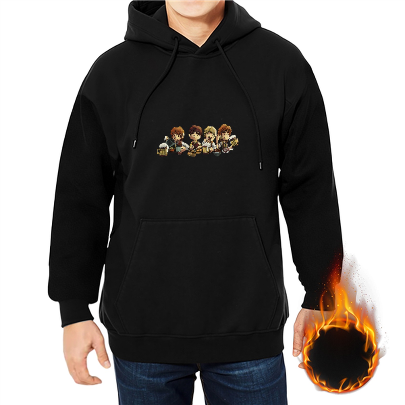 Black Hoodie With Chibi Anime Character Group Print