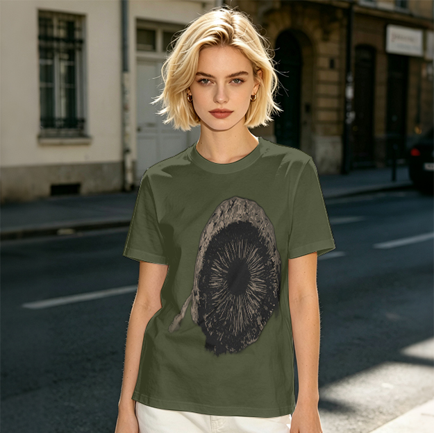 Olive Green T-Shirt With Mushroom Spore Print Graphic