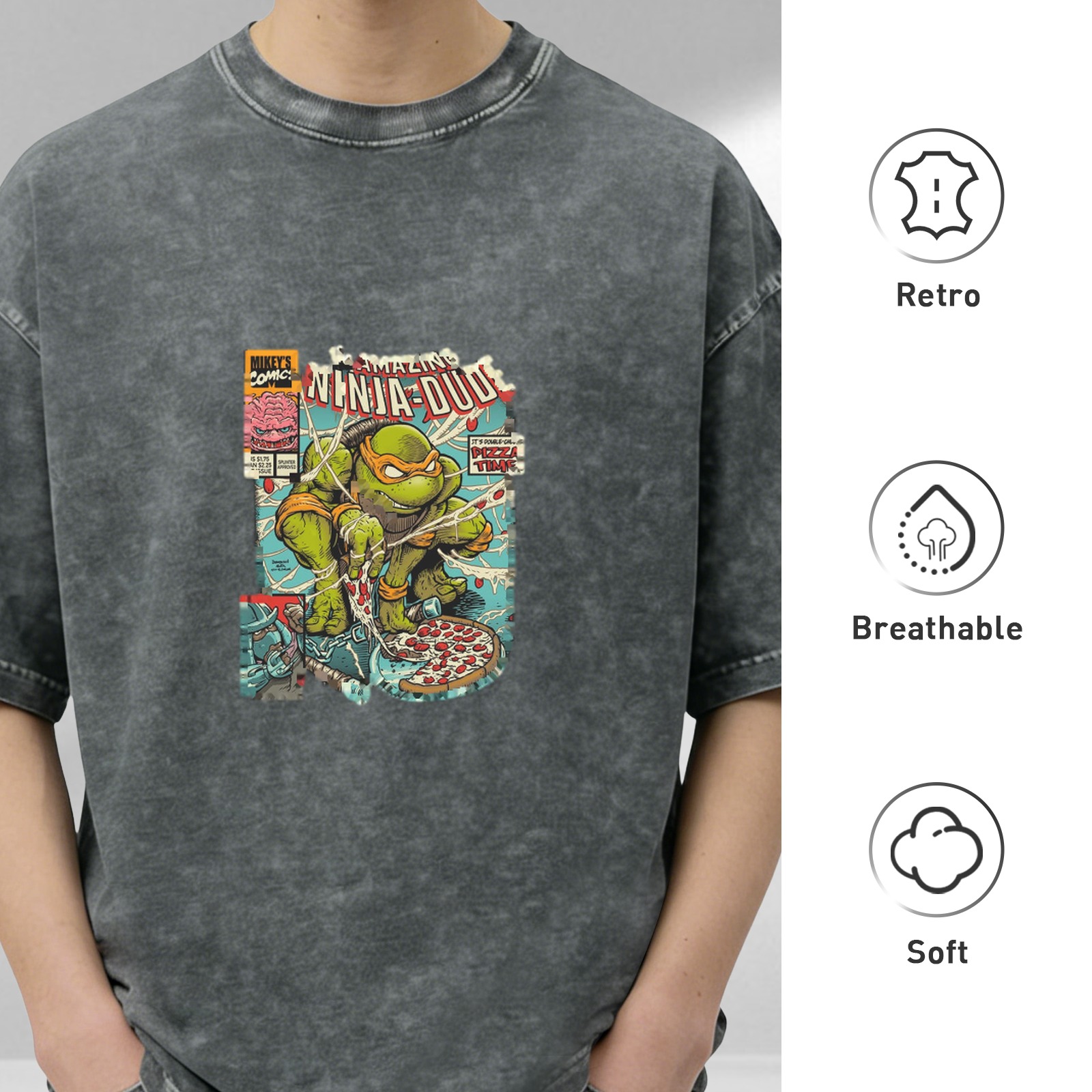 Vintage Wash Teenage Mutant Ninja Turtles 'The Amazing Ninja Dude' Graphic T-Shirt, Retro Comic Style Oversized Tee