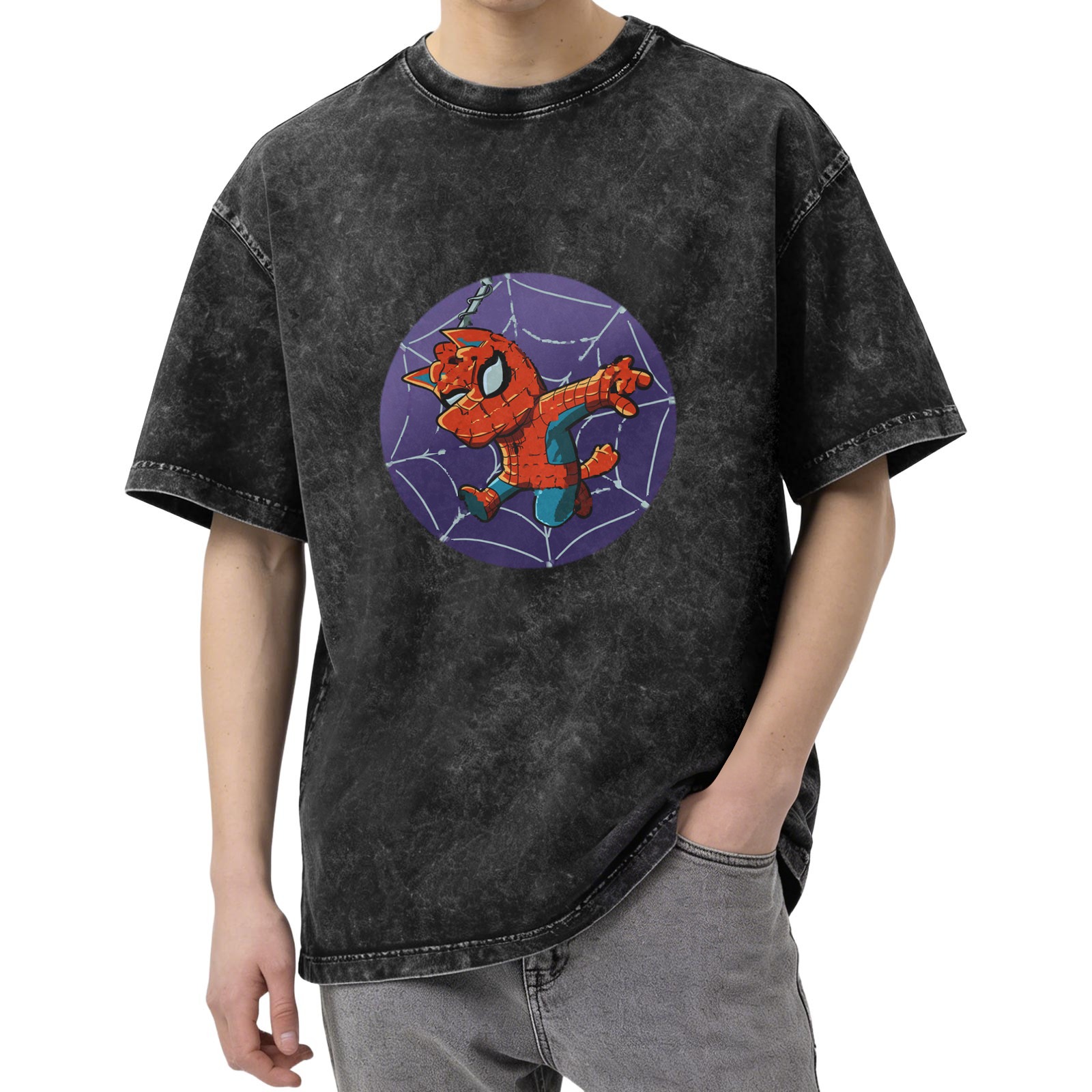 Oversized Dark Wash T-Shirt With Spider-Cat Web Print