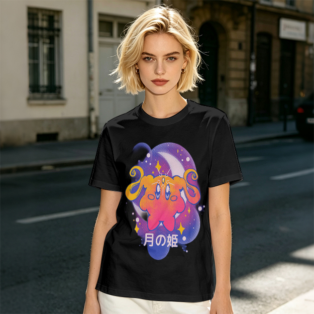 Olive t-shirt with cosmic cat and moon graphic print