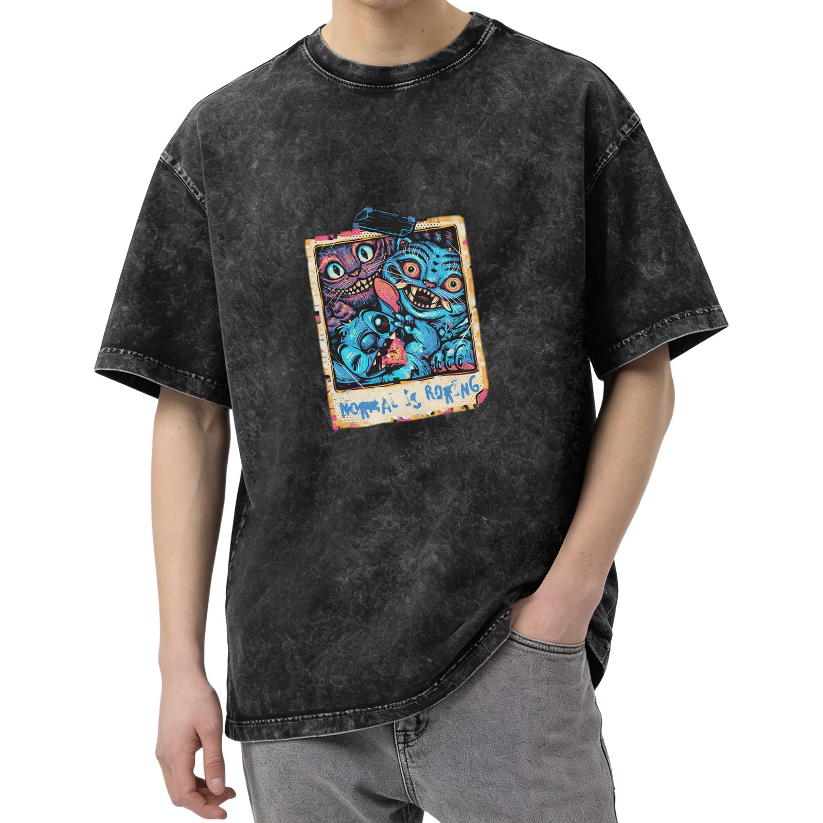 Distressed washed black cartoon print short-sleeved T-shirt Weird character pattern top