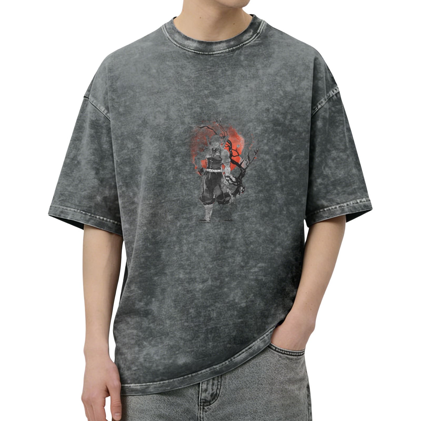 Oversized acid wash t-shirt with dark warrior and red moon graphic