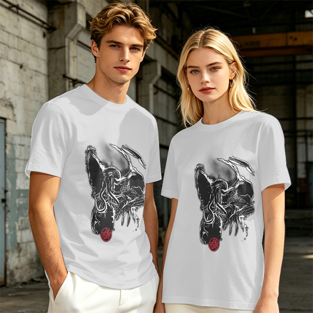 Olive T-Shirt With Dark Abstract Tentacle Creature Print