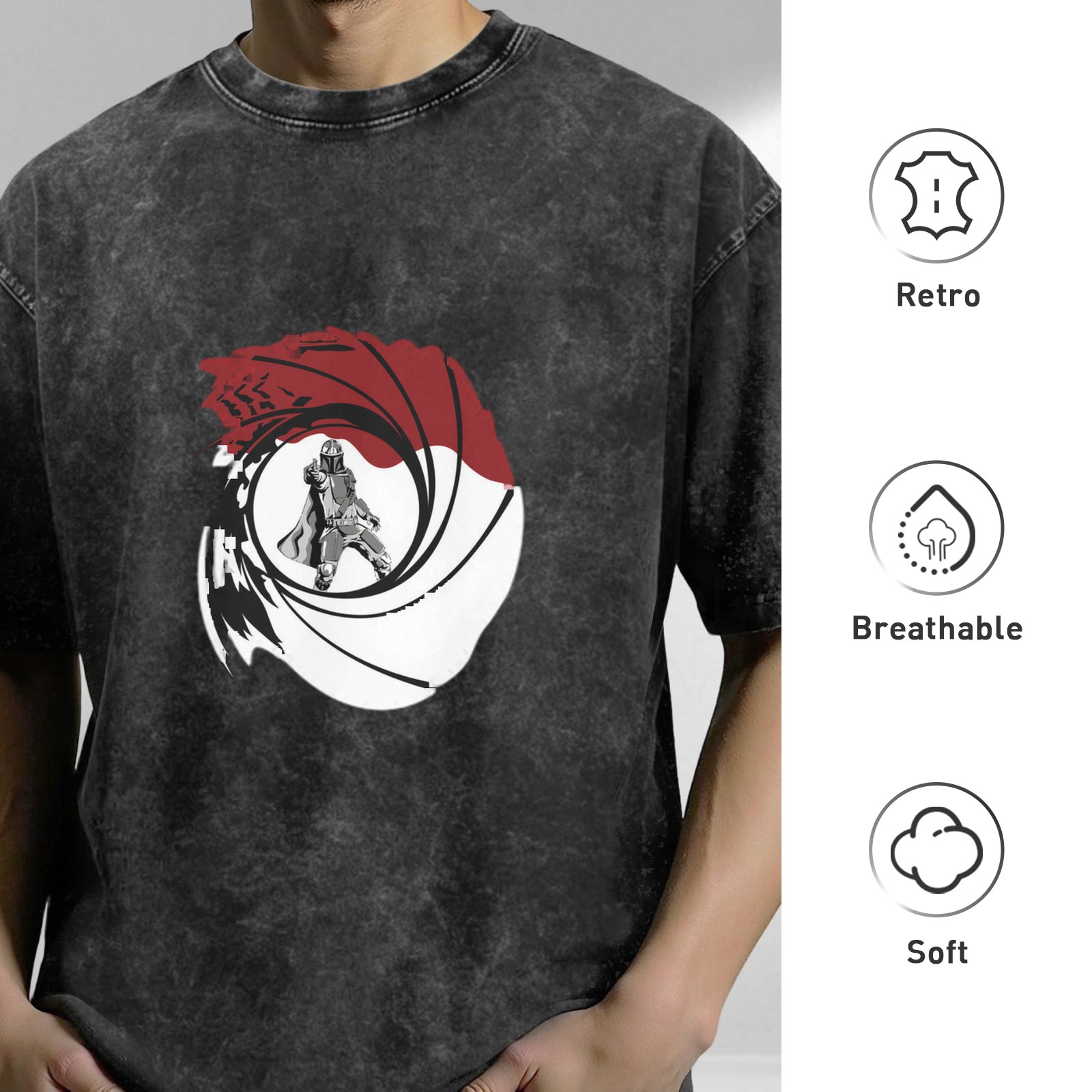 Distressed black round neck short-sleeved T-shirt with secret agent theme gun barrel pattern print