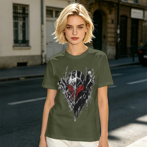 Olive T-Shirt With Dark Fantasy Knight Helmet Graphic