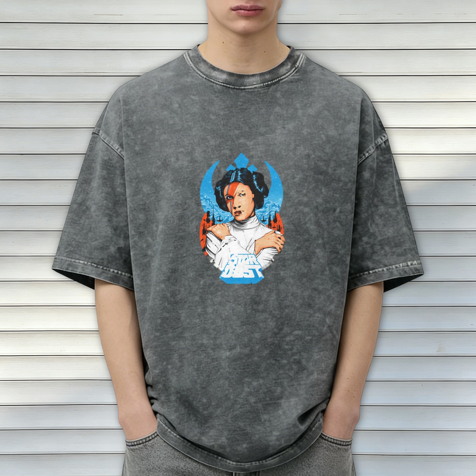 Washed Black T-Shirt with Princess Leia David Bowie Mashup Graphic