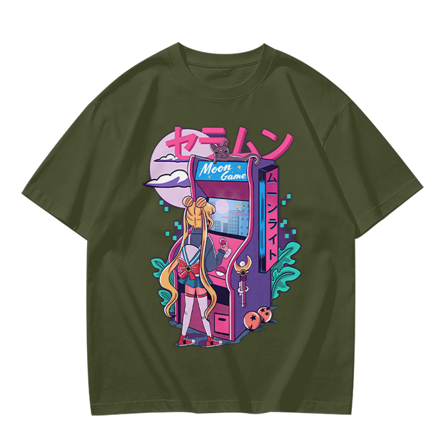 Anime girl playing moon arcade game graphic tee