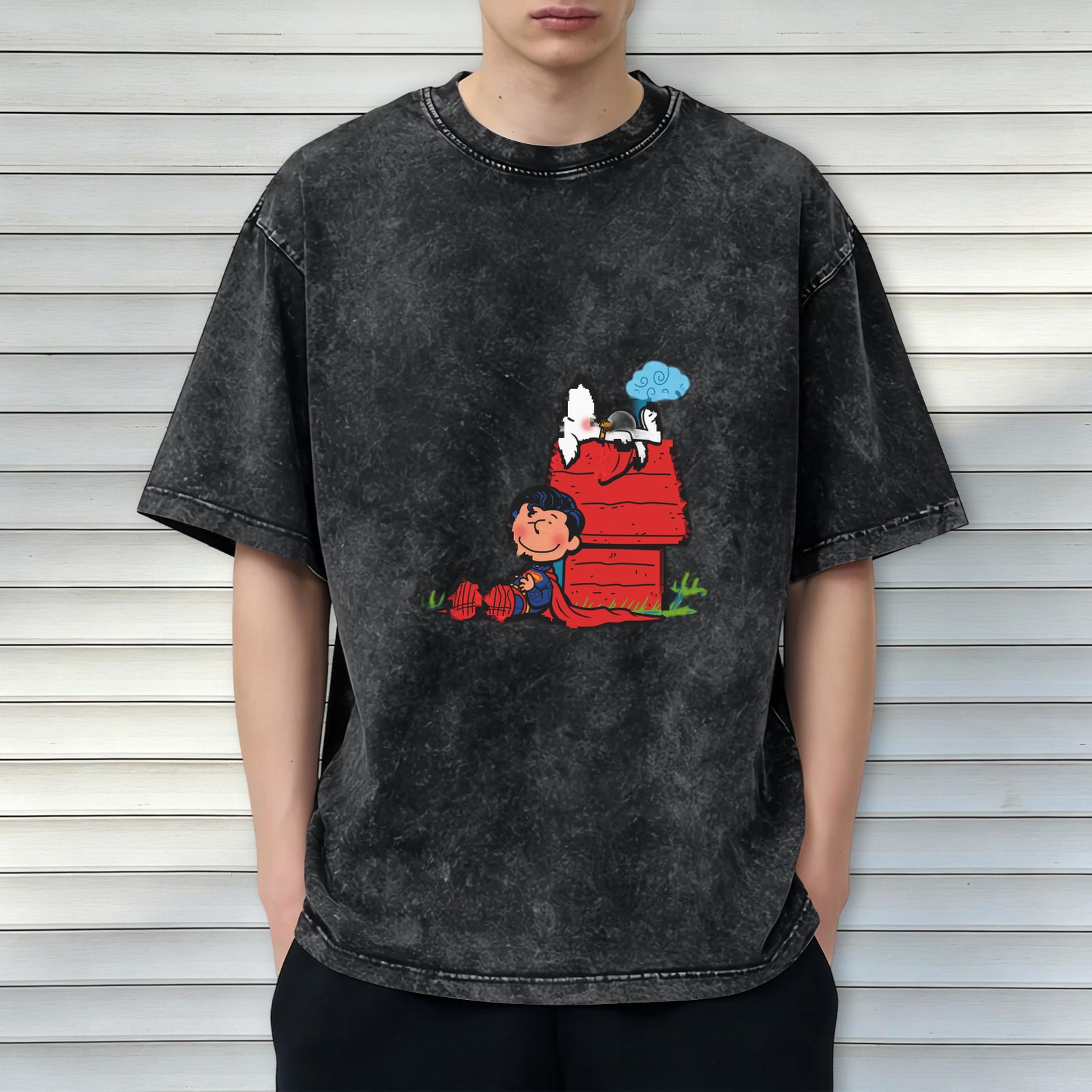 Snoopy and Charlie Brown Superman Mashup Vintage Black T-Shirt