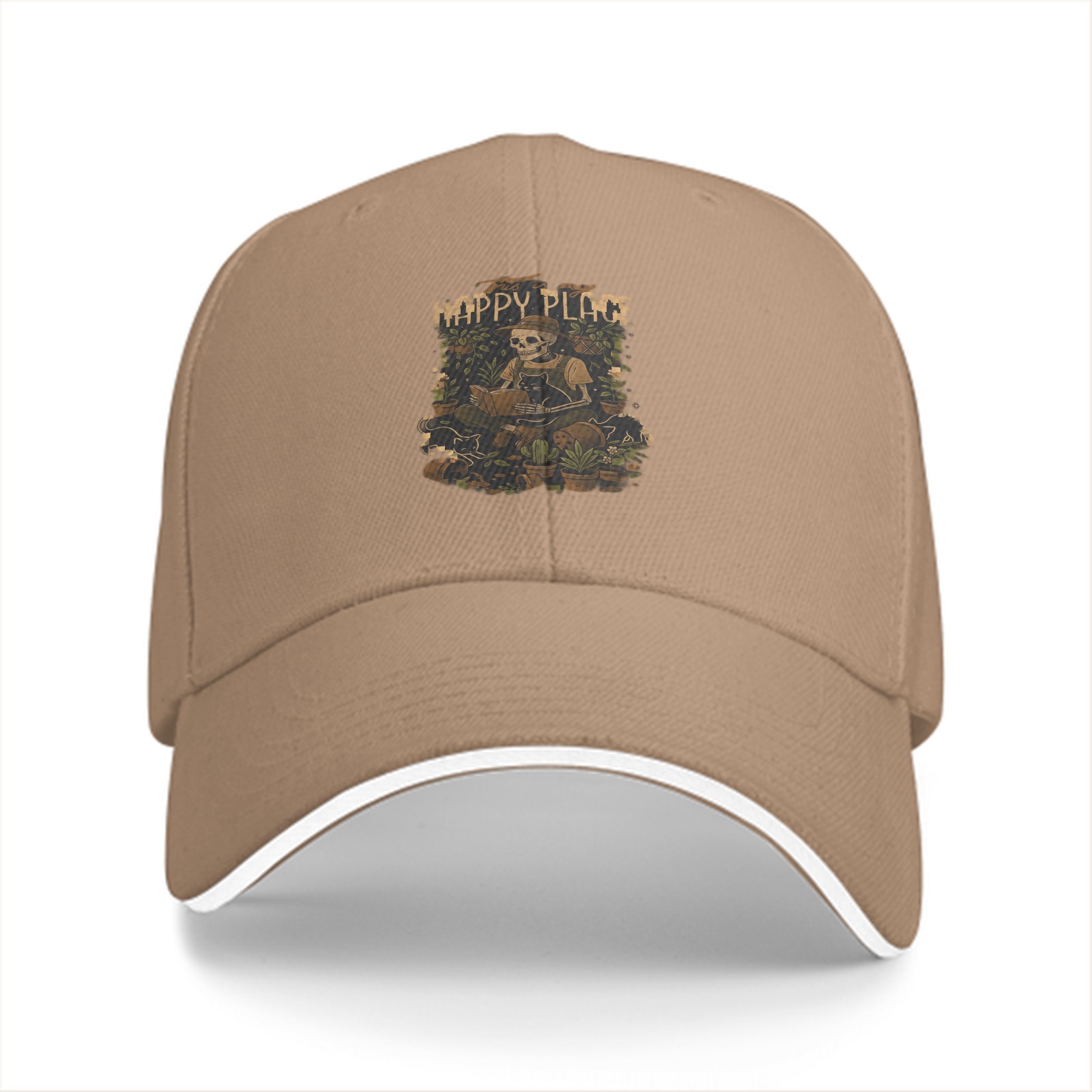 Black baseball cap with 'Happy Place' skeleton gardening graphic