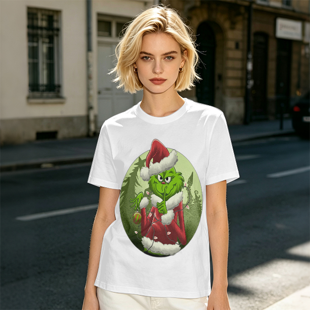 Olive Green T-Shirt Featuring The Grinch In Santa Costume