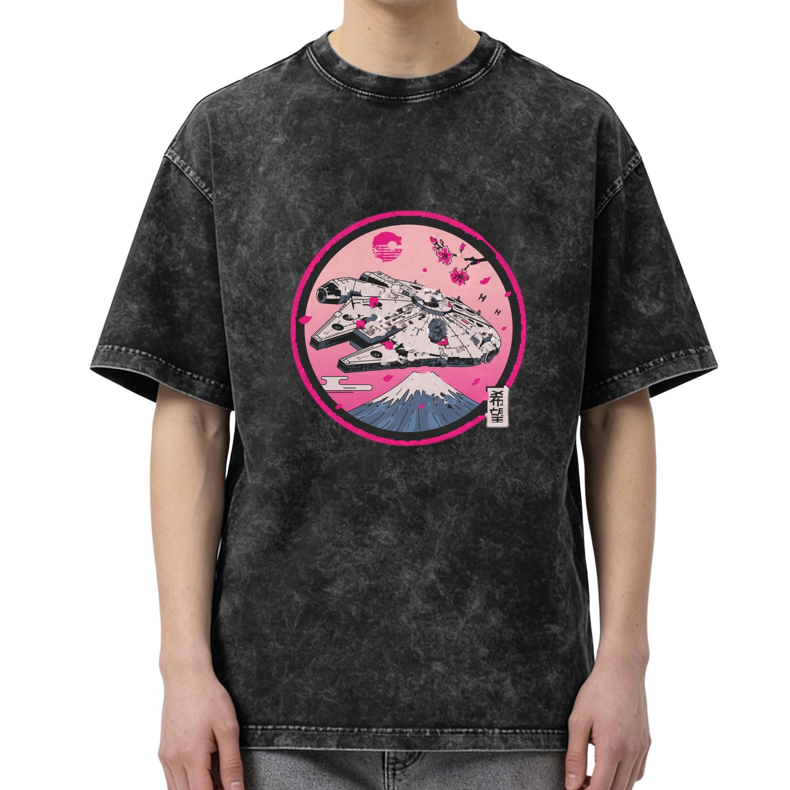 Star Wars Millennium Falcon Japanese Sakura Mount Fuji Acid Wash Oversized T-Shirt