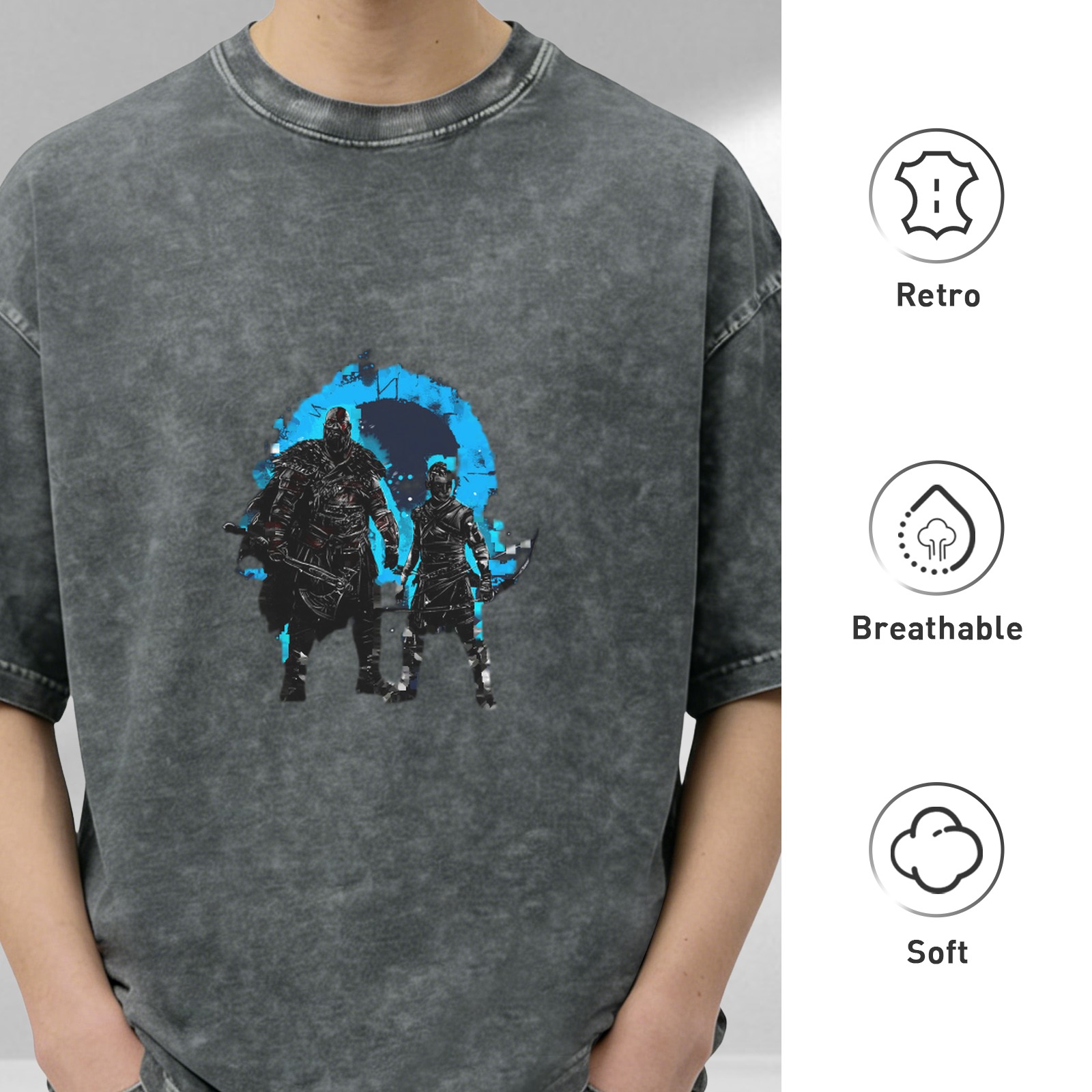 Washed Black Graphic T-Shirt with Fantasy Warrior Characters