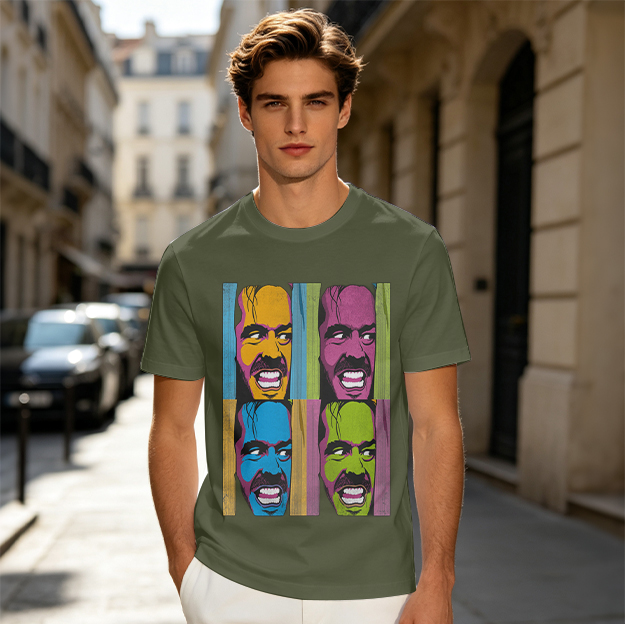 Olive T-Shirt with Pop Art Style Man Face Grid Print